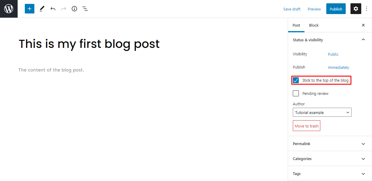 The Stick to the top of the blog box on the WordPress Gutenberg editor