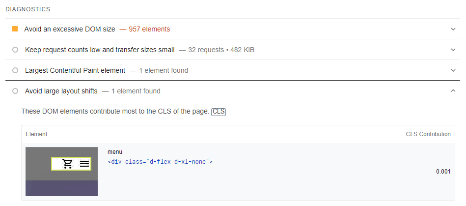 The diagnostics on the PageSpeed Insights tool.