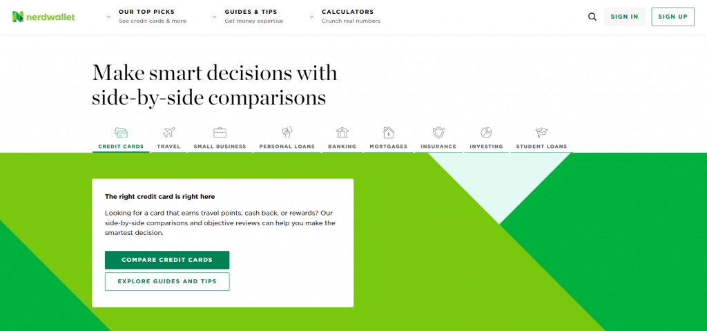 The homepage of NerdWallet, a personal finance company.