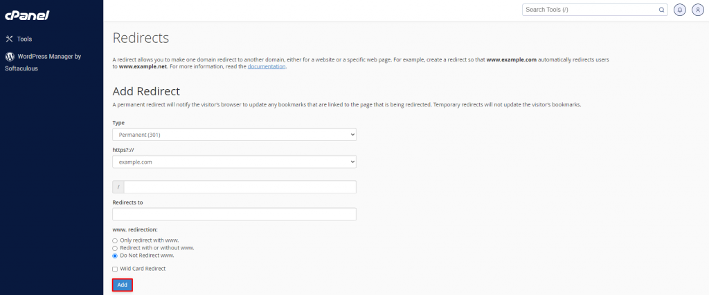 The Add Redirect section on cPanel's Redirects menu