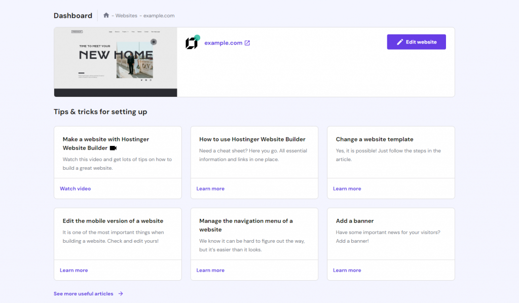 The website management page in hPanel.