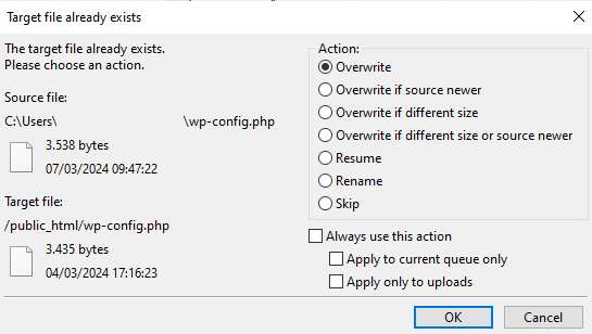 Target file already exists warning when uploading a file using FileZilla