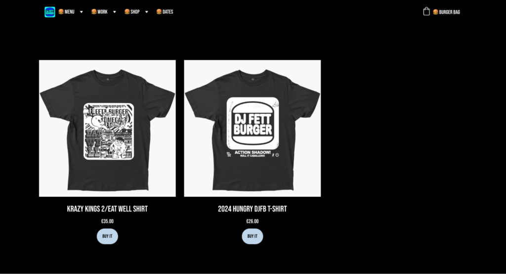 Fettburger's online art store with the t-shirt category on display