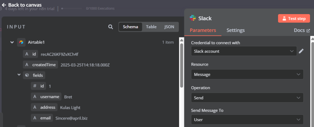 Configuring Slack node in n8n to send messages