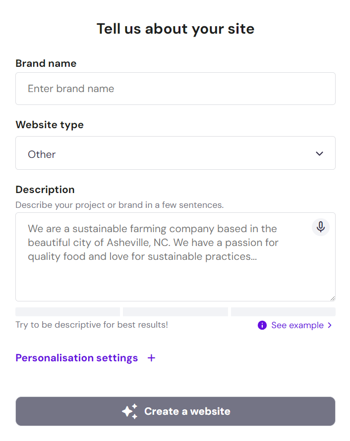 Hostinger AI onboarding formulier